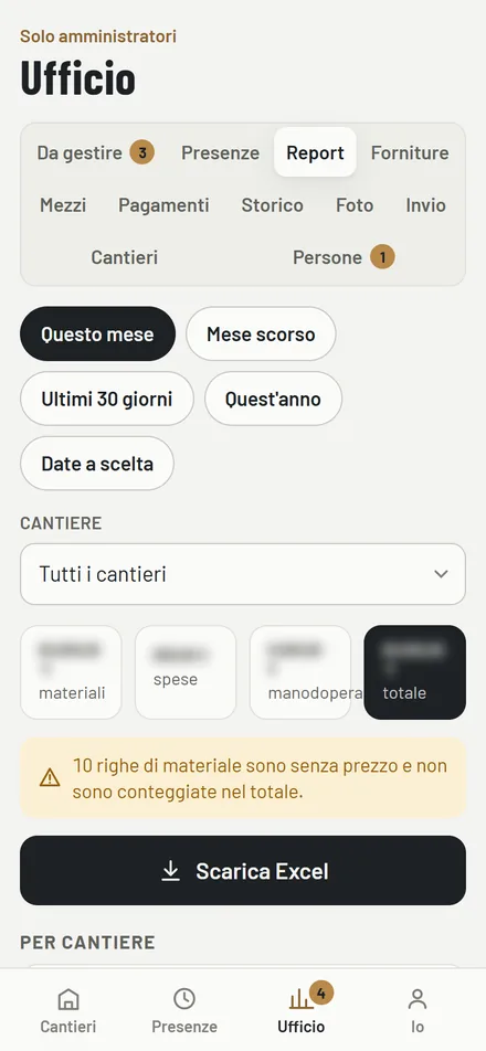 La schermata Ufficio dell'app di cantiere: i riquadri di materiali, spese e manodopera con gli importi oscurati e il pulsante Scarica Excel.